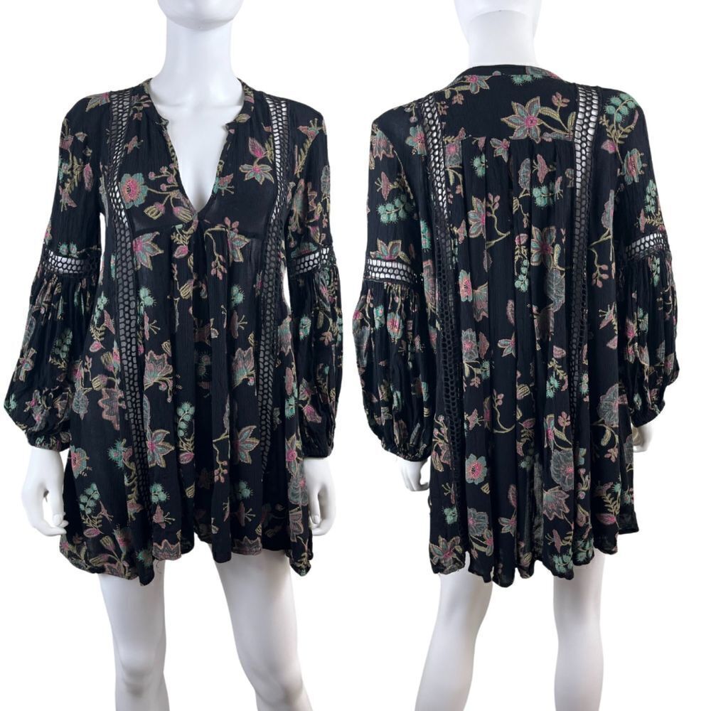 Free People Womens Size S Just the Two of Us Floral Black Tunic Crochet Top Boho